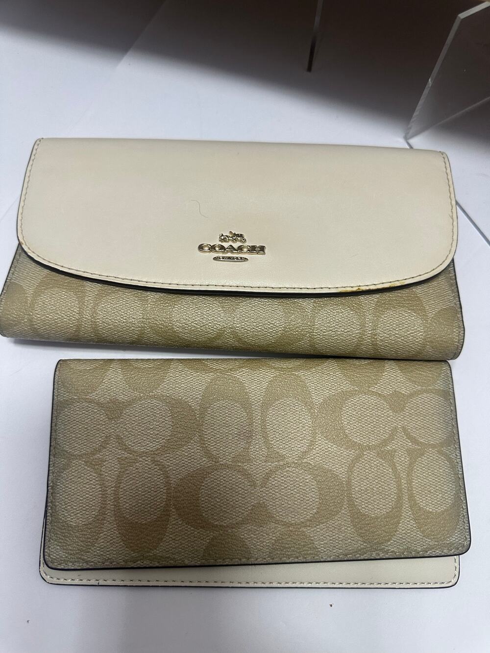 Coach Signature C Checkbook Wallet Khaki Ivory Leather Gold Hardware
